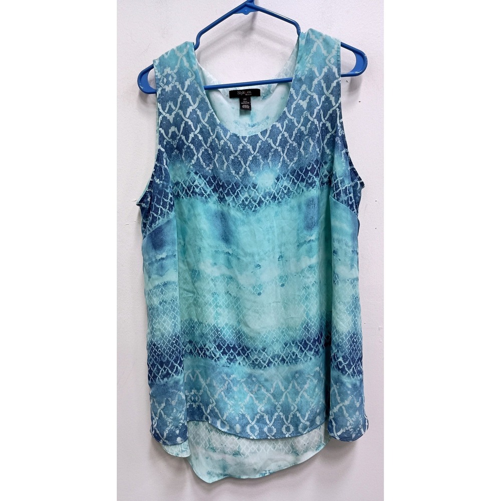 Style & Co Sleeveless BOHO Tunic Top Womans 2X Blue Snakeskin Print High Low